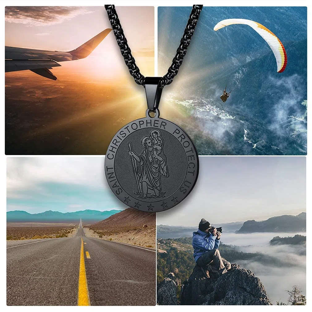 FaithHeart Collana Religiosa Santo San Cristoforo Collana Uomo 3D Rilievo Rotondo Ovale Amuleto Talismano in 316L Acciaio Impermeabile Antiruggine 55+5 CM Catena Impresa