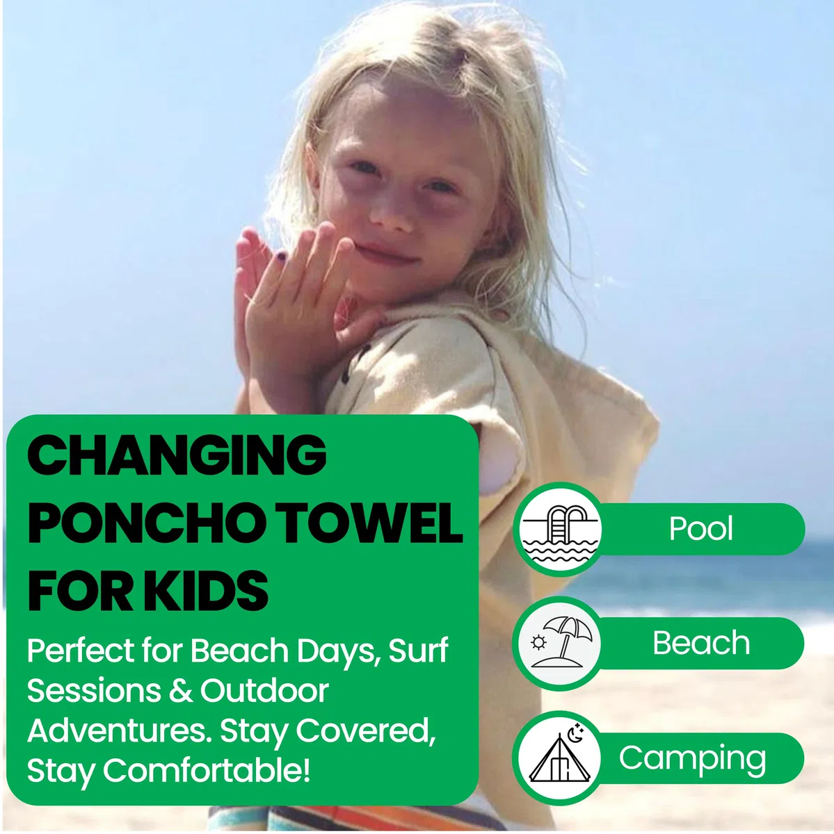 COR Surf Accappatoio a poncho con cappuccio e tasca frontale per bambini, utilizzabile anche come telo mare e coperta, realizzato in microfibra ad asciugatura rapida, adatto per bambini dai 3 agli 8
