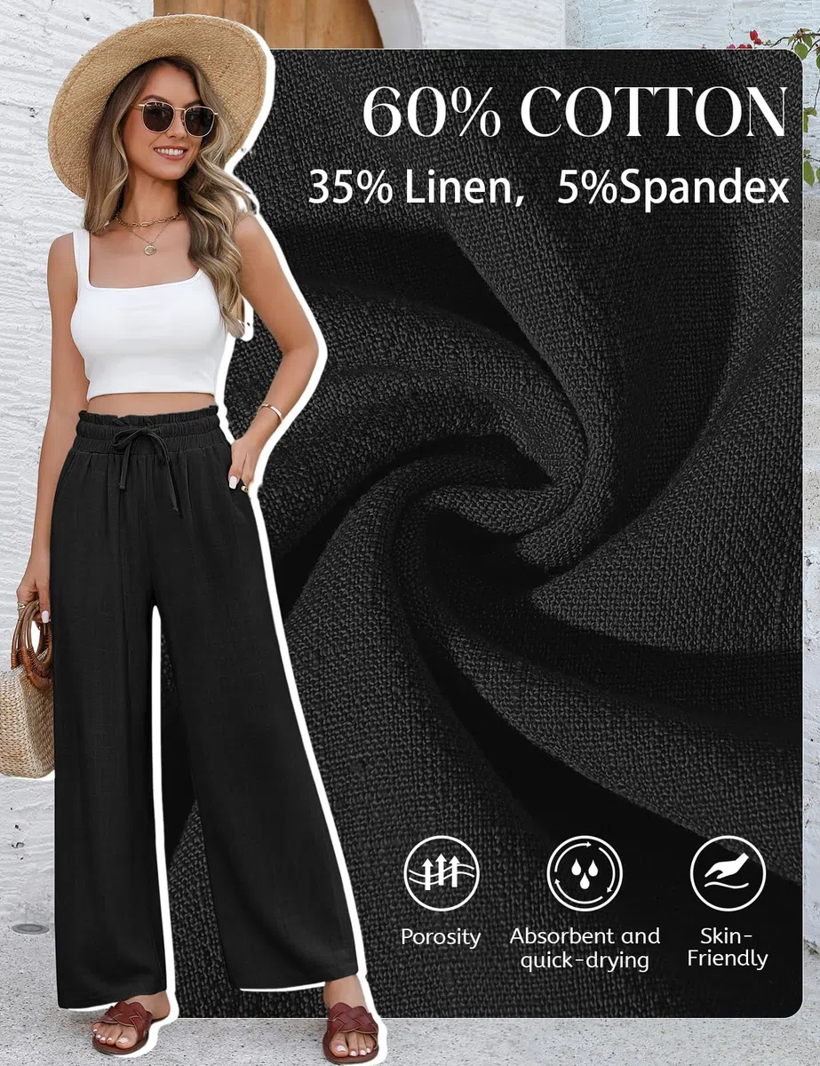 Pantaloni Donna Estivi in Cotone e Lino Eleganti Elastico Vita Alta Leggeri Comodi Larghi Casual con Tasche