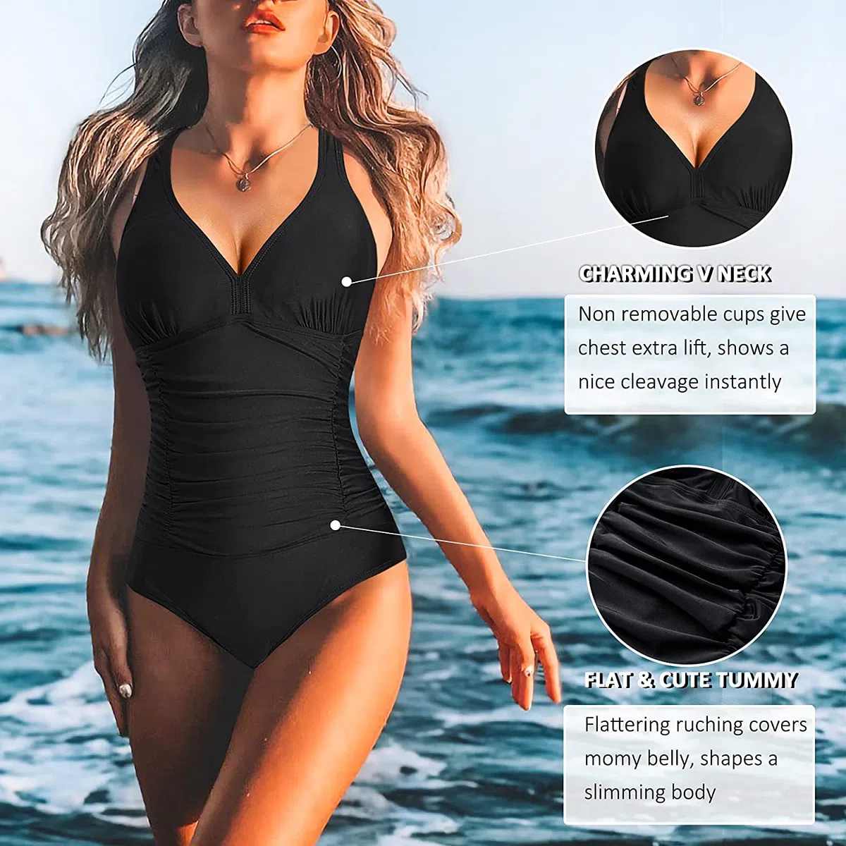 Donna Costume da Bagno Contenitivo Push Up a Vita Alta Costumi da Mare Elegante Scollo a V Bodysuit One Piece Monokini