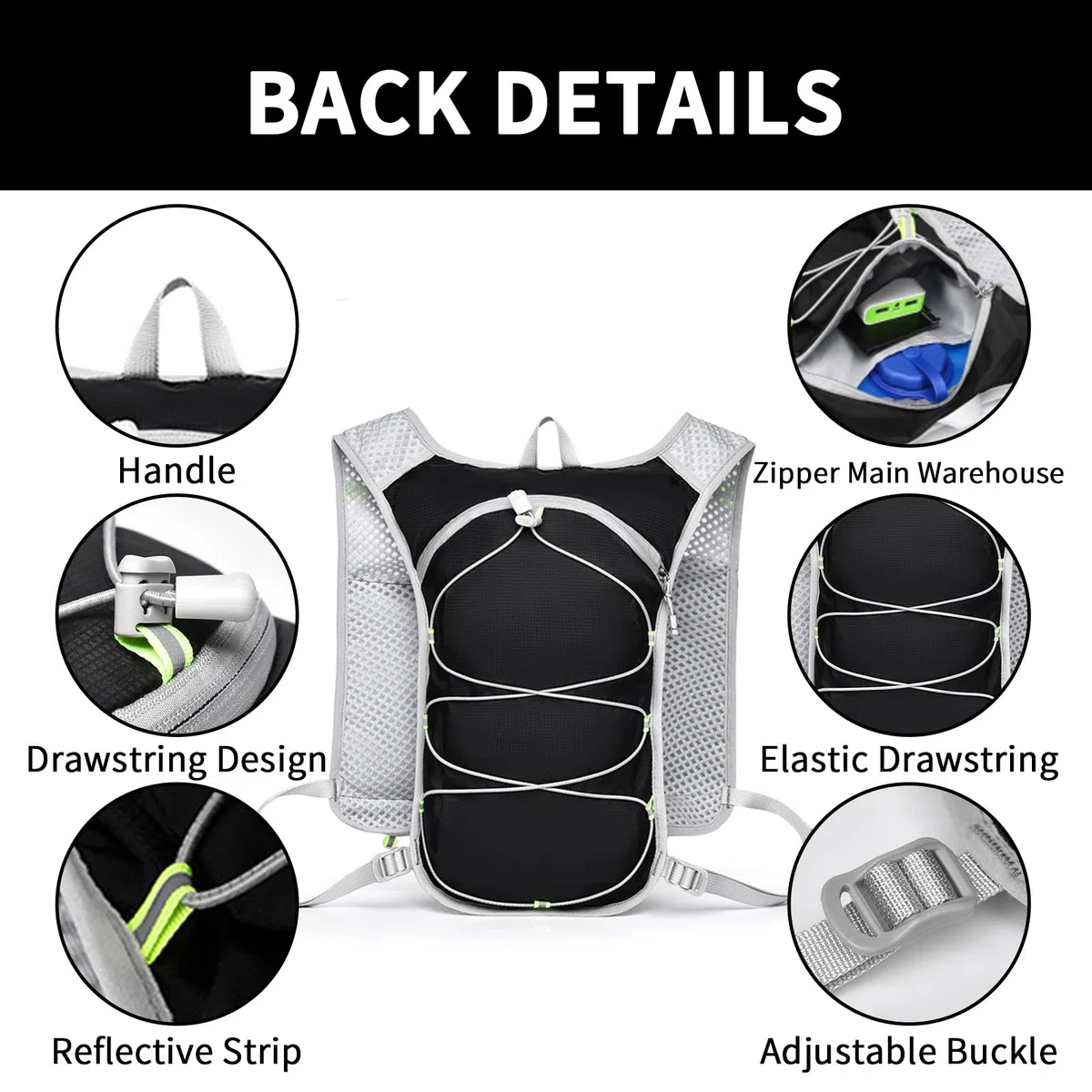 Gilet da corsa per donne e uomini, leggero, con sacca d'acqua da 2 l, per escursionismo, corsa, jogging, ciclismo, corsa, maratona, nero