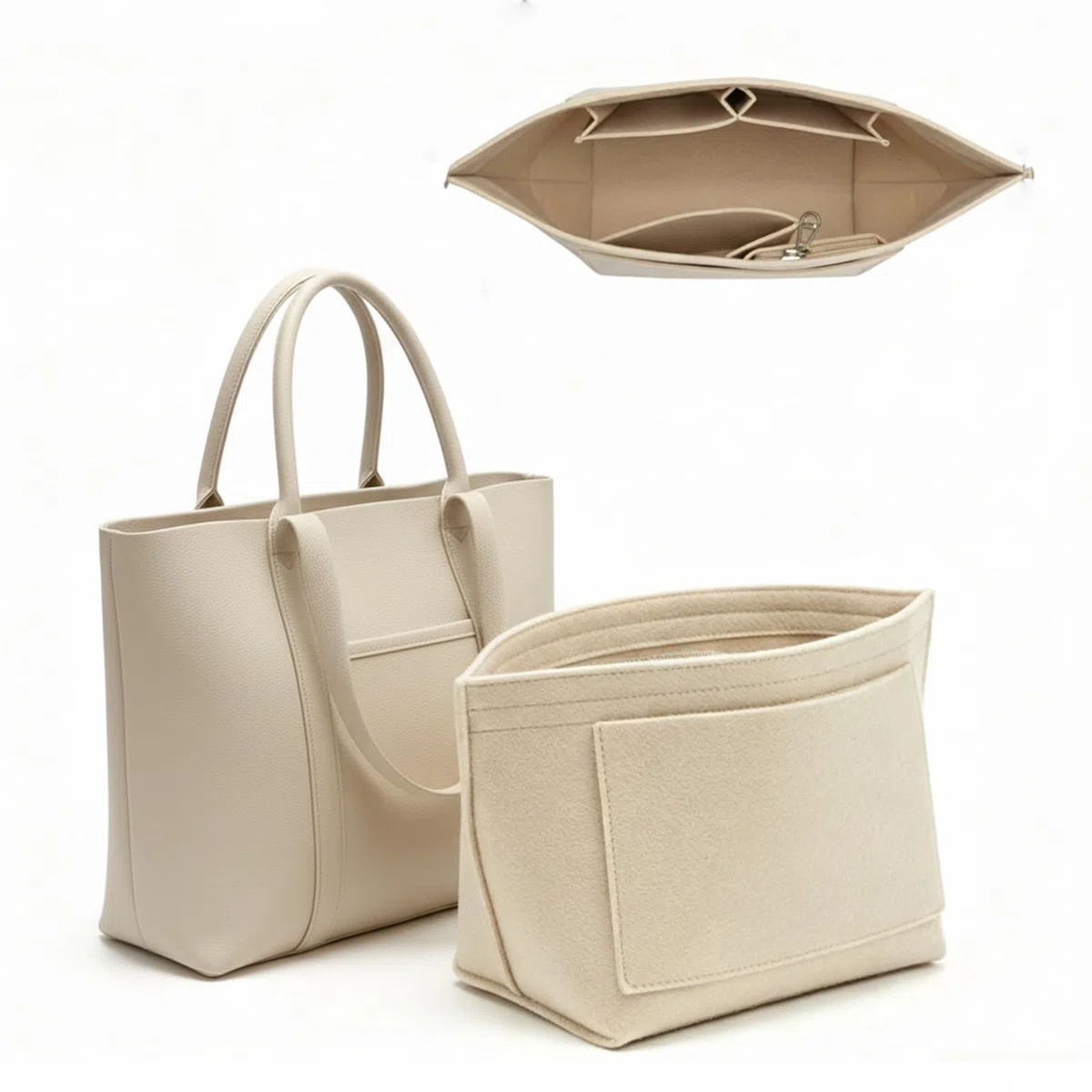 Organizer per Borsa in Feltro con Tasche Multiple – Inserto per Borsa con Tasca con Zip, Organizer Leggero per Tote Bag, Beige, L