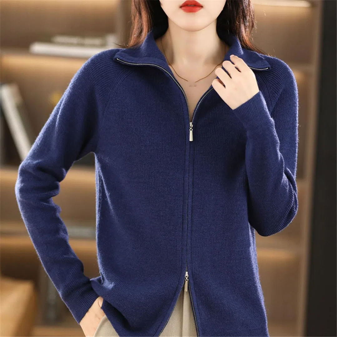 Ownwfeat Maglione di Lana da Donna Doppia Cerniera Cardigan con Risvolto Inferiore Giacca da Donna in Maglia Casual