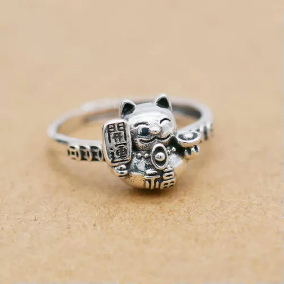 1PC Anello Regolabile Maneki-Neko con Gatto della Fortuna in Argento Antico-8
