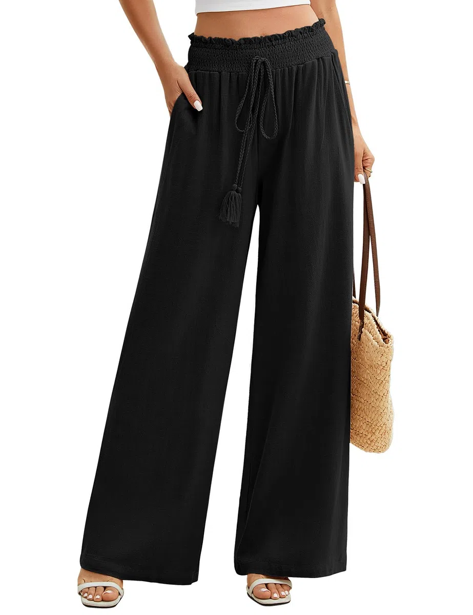Pantaloni Donna Estivi Cotone e Lino Pantalone Elastico a Vita Alta Eleganti Pantaloni Comodi Loose Lounge Pantaloni da Spiaggia con Tasche