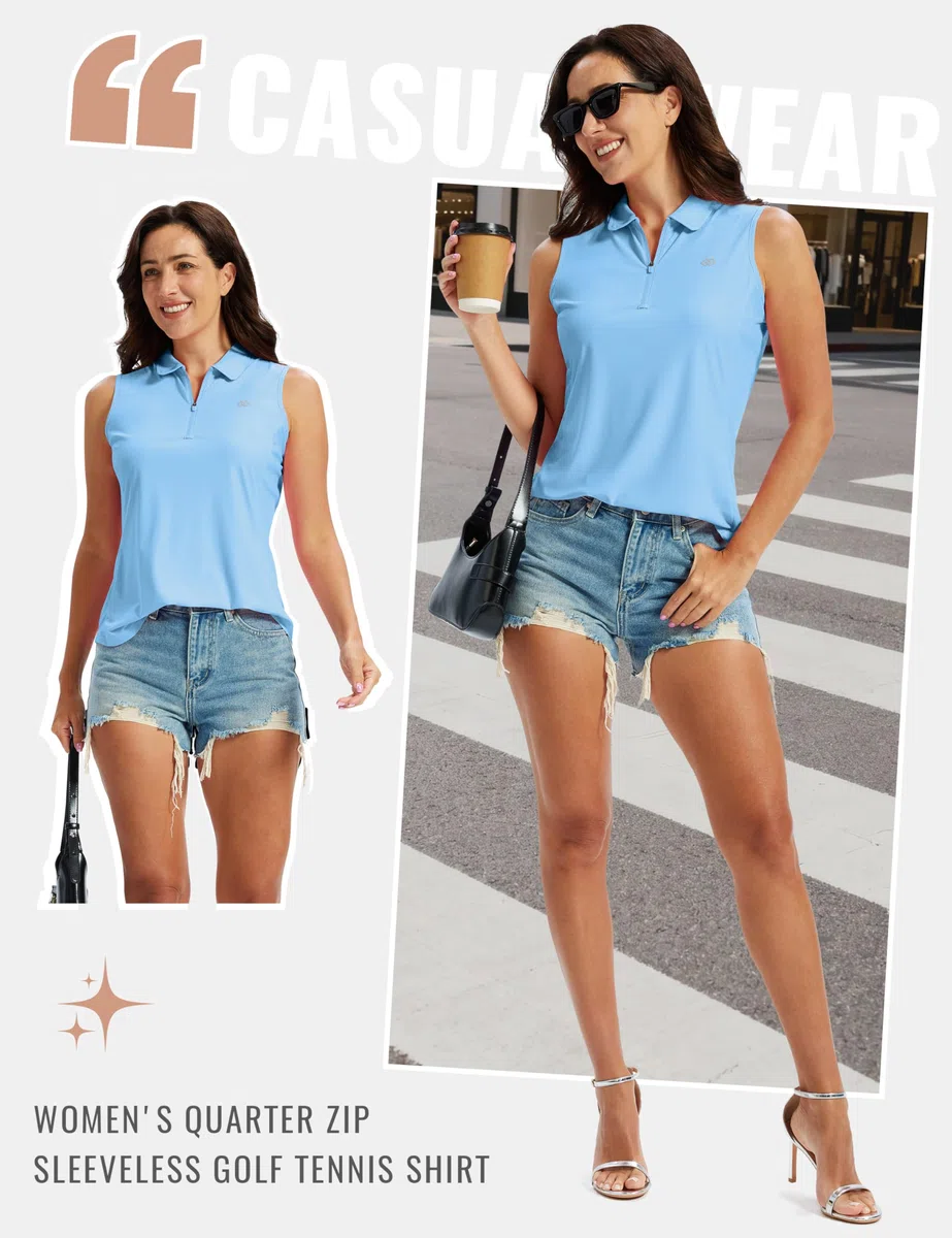 MoFiz Polo Donna Senza Maniche Cerniera 1/4 Golf Poloshirt Eleganti Lavoro Camicia Traspirante Sport Canotte