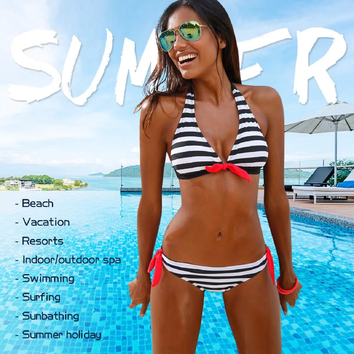 Tuopuda Costumi da Bagno Donna Costume Mare Push Up Imbottito Reggiseno Bikini Due Pezzi Righe Halter Coordinati Sexy Abiti da Spiaggia Brasiliana Bikini Estivi Beachwear