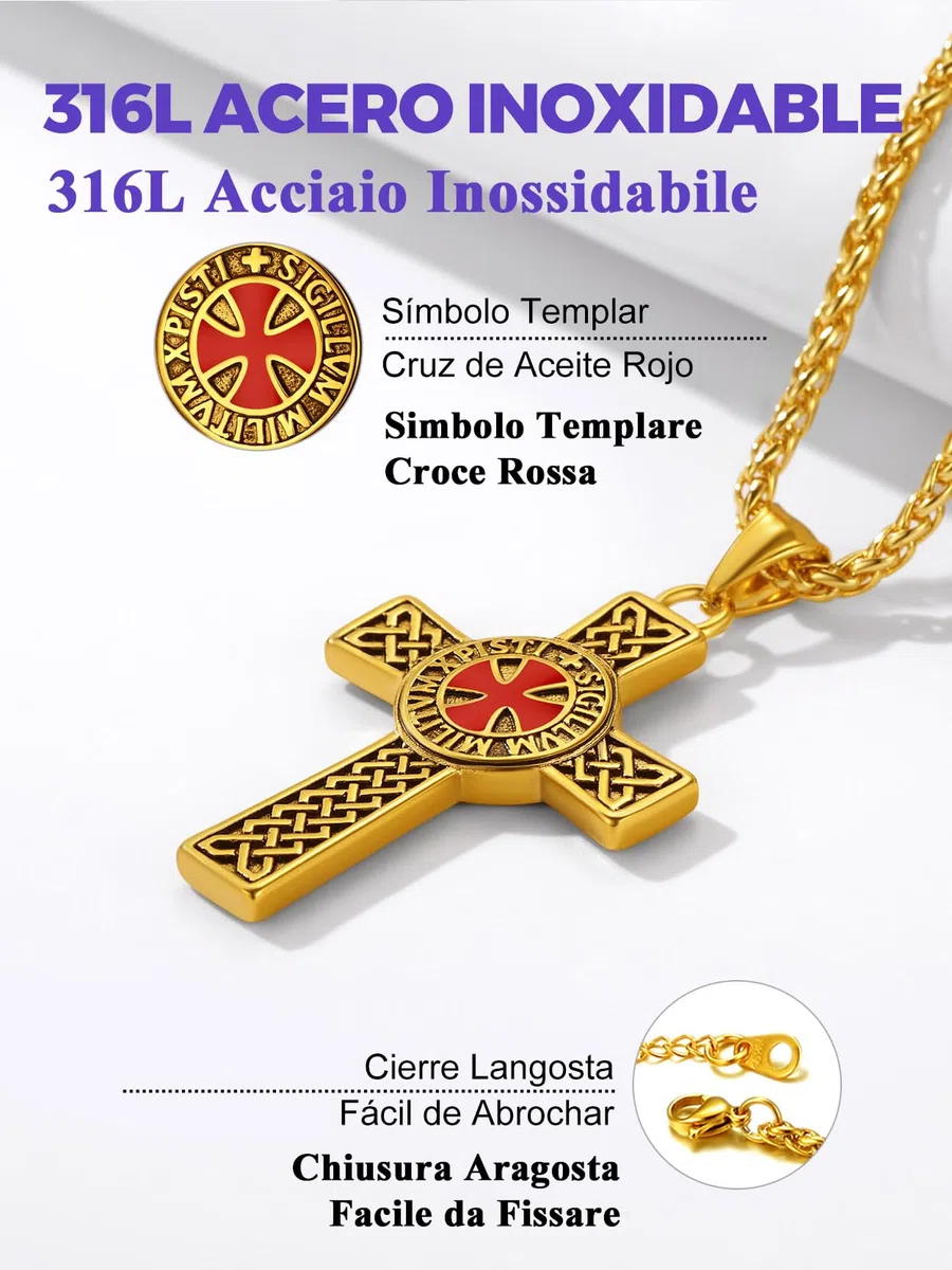 Richsteel Collana con Ciondolo Croce Templare Croce Rossa Elegante da Uomo Unisex Simbolo Cavalieri Templari Argento/Nero/Oro Gioielli Amuleto Regali per Coppie Genitori