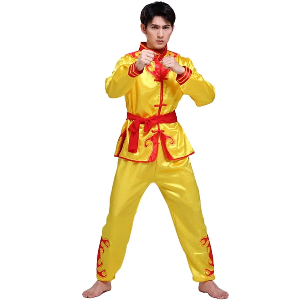 Completo da Kung Fu da uomo, per arti marziali cinesi, con camicia e pantaloni, costume tradizionale Tang, Giallo, X-Large