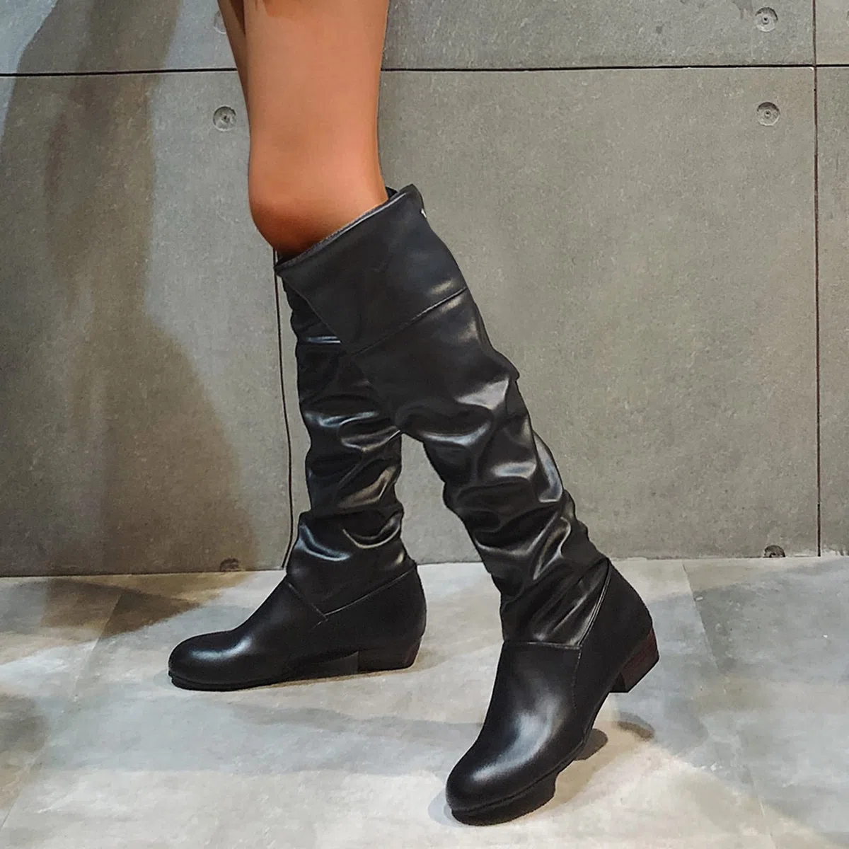 Stivali al ginocchio da donna, in pelle, con lacci, piatti, antiscivolo, con fiocco posteriore, stivali casual alla moda da donna, comodi stivali invernali, stivali termici