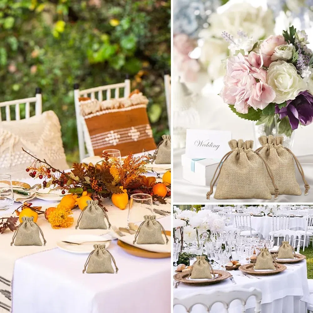 LANSKYLAN 50 Pz Sacchetti di Juta con Coulisse 10*12cm - Sacchetti Regalo Riutilizzabili per Gioielli, Matrimonio, Festa, Fai da Te