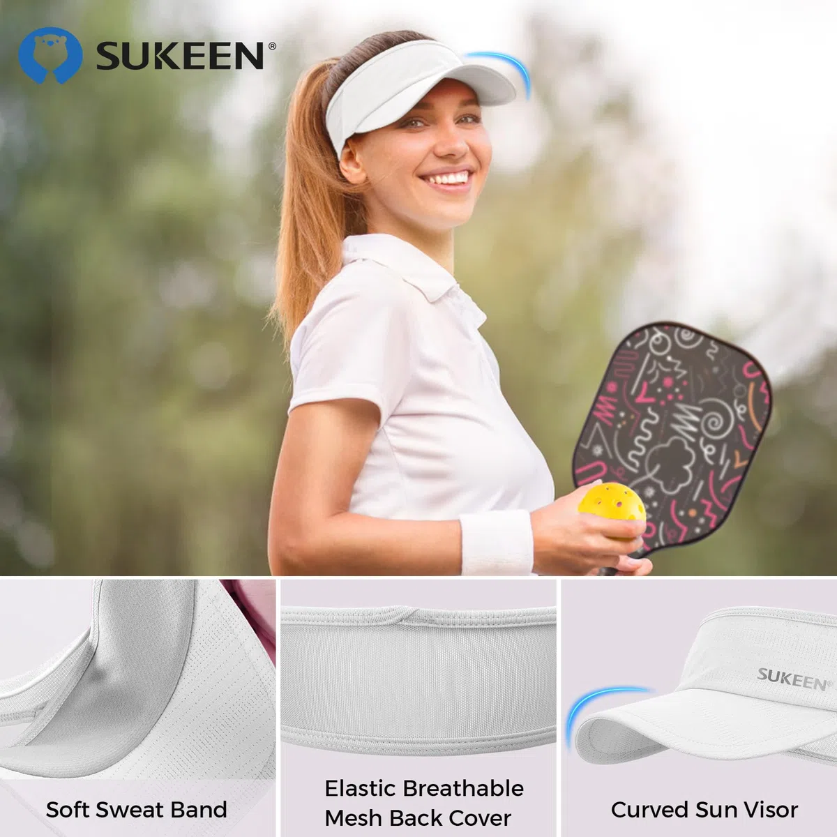 Sukeen Cappello con visiera parasole ad asciugatura rapida, UPF 50+, protezione solare UV, per donne e uomini, cappello da corsa, cappello da golf, visiera elastica fresca con fascia traspirante per