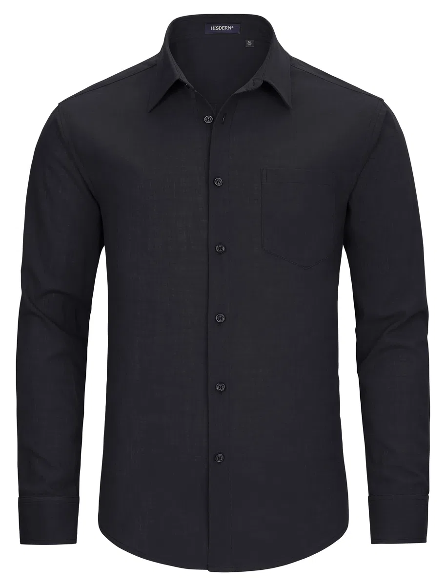 HISDERN Camicie in Lino e Cotone Uomo Manica Lunga Causal Bottoni Regular Fit Estiva Leggere Camicia Spiaggi Shirts con Taschino