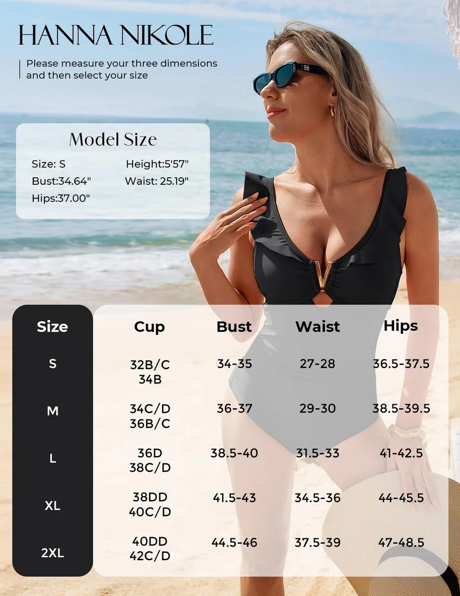 Hanna Nikole Costume da bagno monokini da donna, scollo a V, volant, fibbia in metallo, taglio sartoriale per una silhouette snellente, ritagli