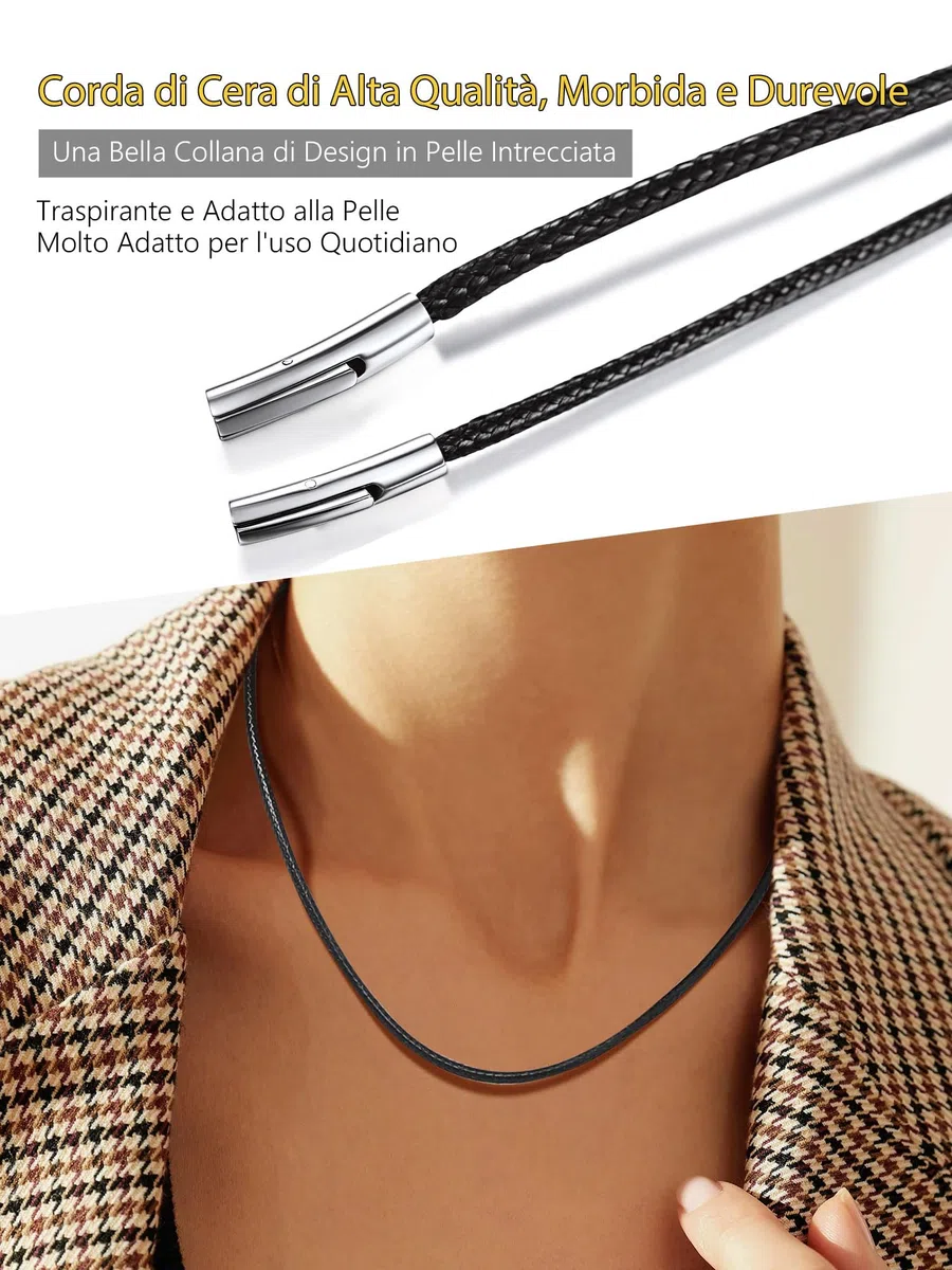 PROSTEEL 2MM Collana in Pelle Caucciu Cordina Nera Impermeabile Uomo Acciaio 41-76CM Corda di Cuoio Accessori Ciondoli