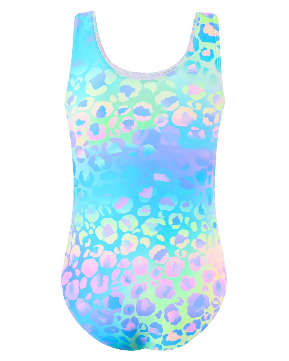 JiAmy Costume da bagno intero per ragazze, con motivo leopardato sfumato e sirena, elasticizzato, senza maniche, per bambine da 6 a 13 anni