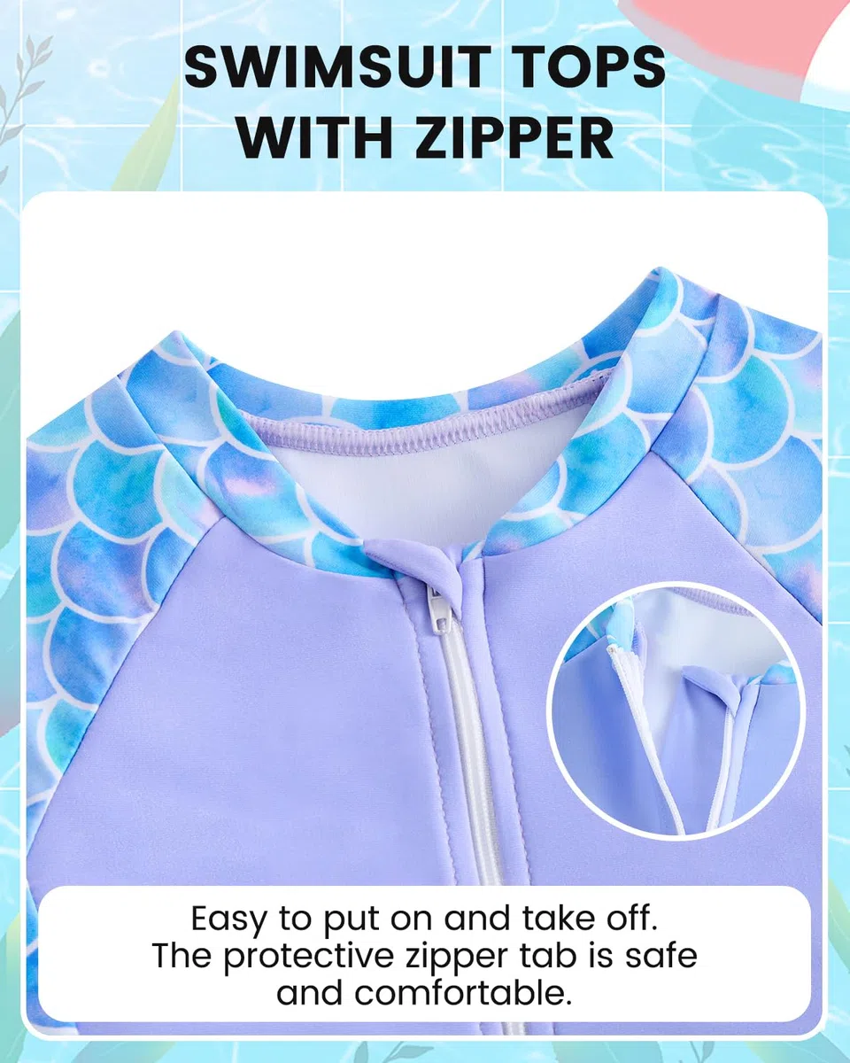 JiAmy Costume da bagno a due pezzi per bambine, a maniche lunghe, con cerniera, UPF 50+, protezione solare 4-7 anni