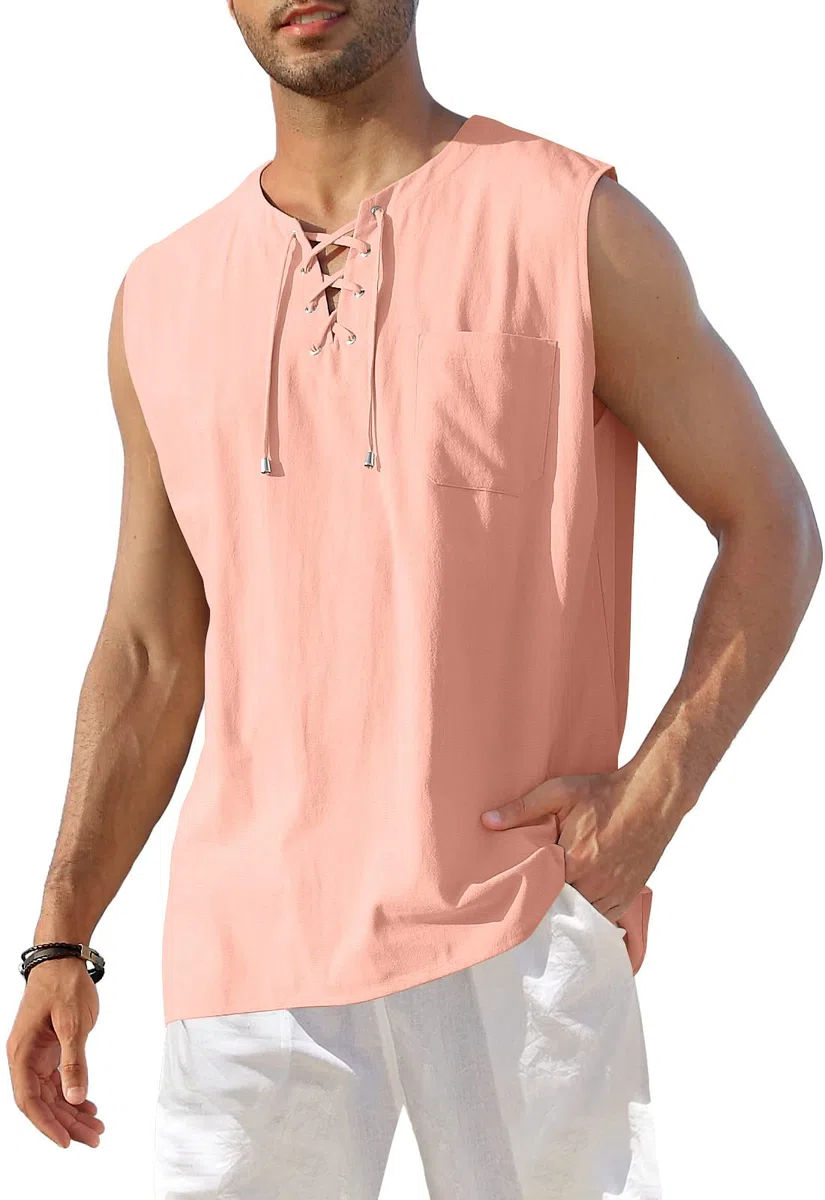KUYIGO Gilet da uomo in cotone e lino, senza maniche, stile Henley, casual, con lacci, da spiaggia, hippie