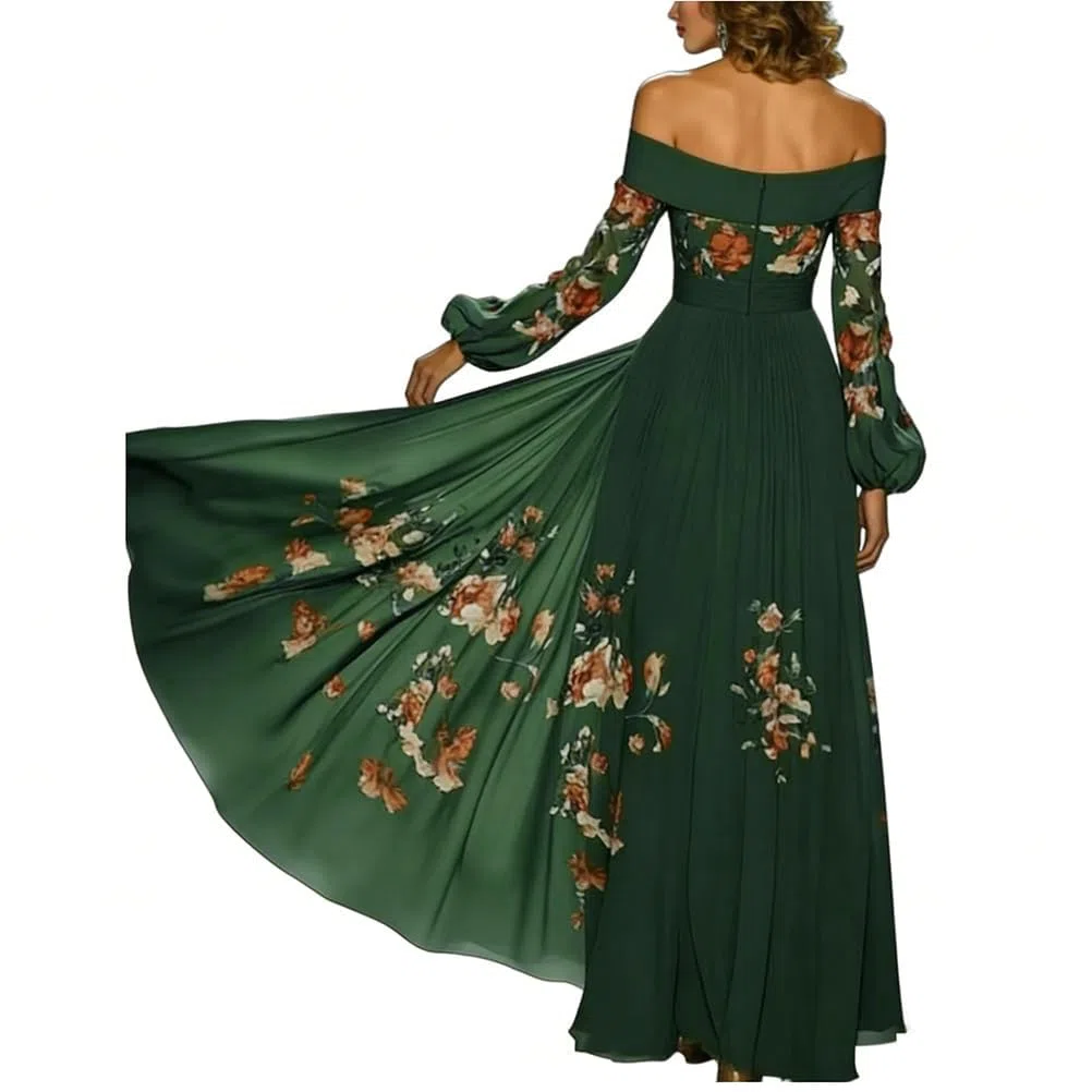 Minetom Donna Vestiti Lunghi da Matrimonio Elegante Collo V Vestito A Pieghe Stampa Floreale Chiffon Abito Maxi Damigella Sera Cerimonia