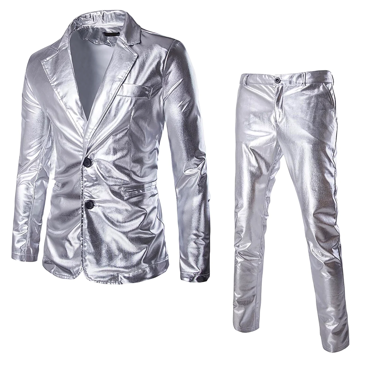 Generisch Costume da smoking da uomo, 2 pezzi, slim fit, per feste, discoteca, carnevale, giacche metalliche lucide, pantaloni da notte