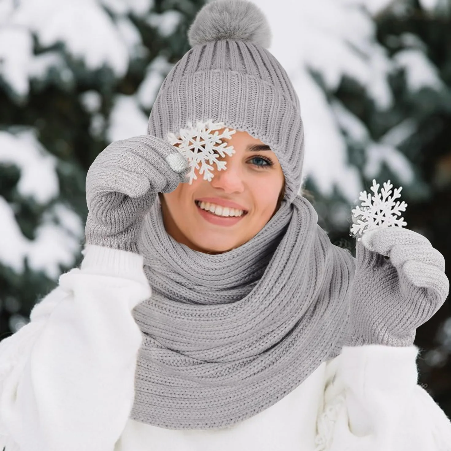 Set Cappello Guanti Sciarpa Invernale, 4 Pezzi Cappello e Scaldacollo Guanti Touch Screen Calzini, Set Regalo Berretto Sci Caldo Lavorato Maglia Spessa per Donne Sport All'Aria Aperta Invernali
