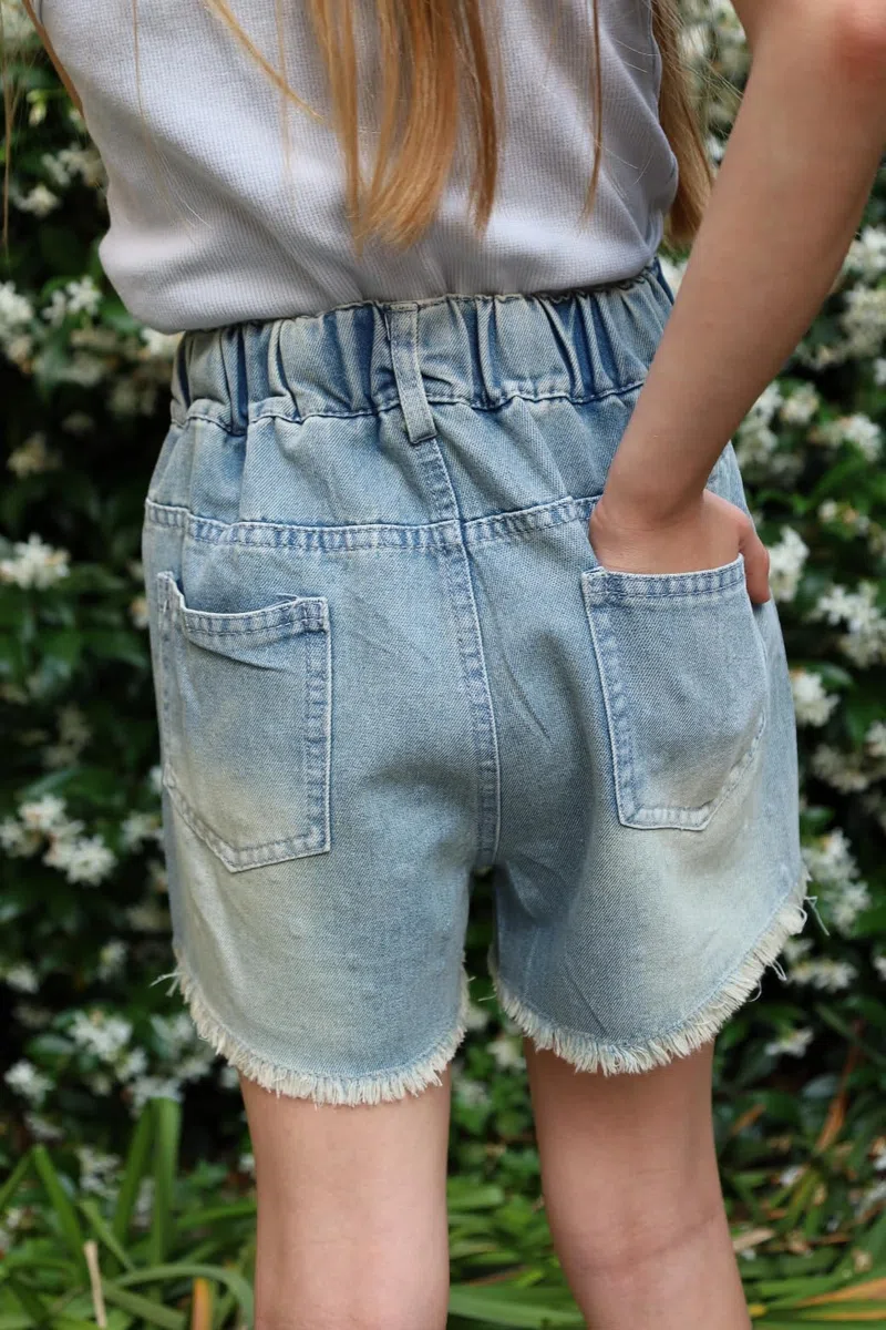 Rolanko Shorts Denim per Ragazze con Vita Elastica Estate Jeans Corti Strappati con Tasche Pantaloncini per Bambini