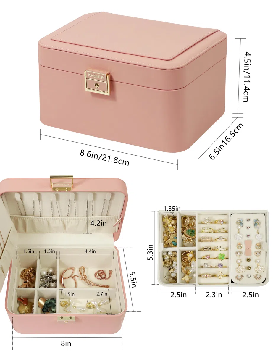 KAMIER Scatole di gioielli per le donne,2 strati PU Leather Travel Jewelry Box,Grande capacità,Doppia serratura e grande specchio,Ganci per collana nascosti,Divisori rimovibili,Confezione regalo