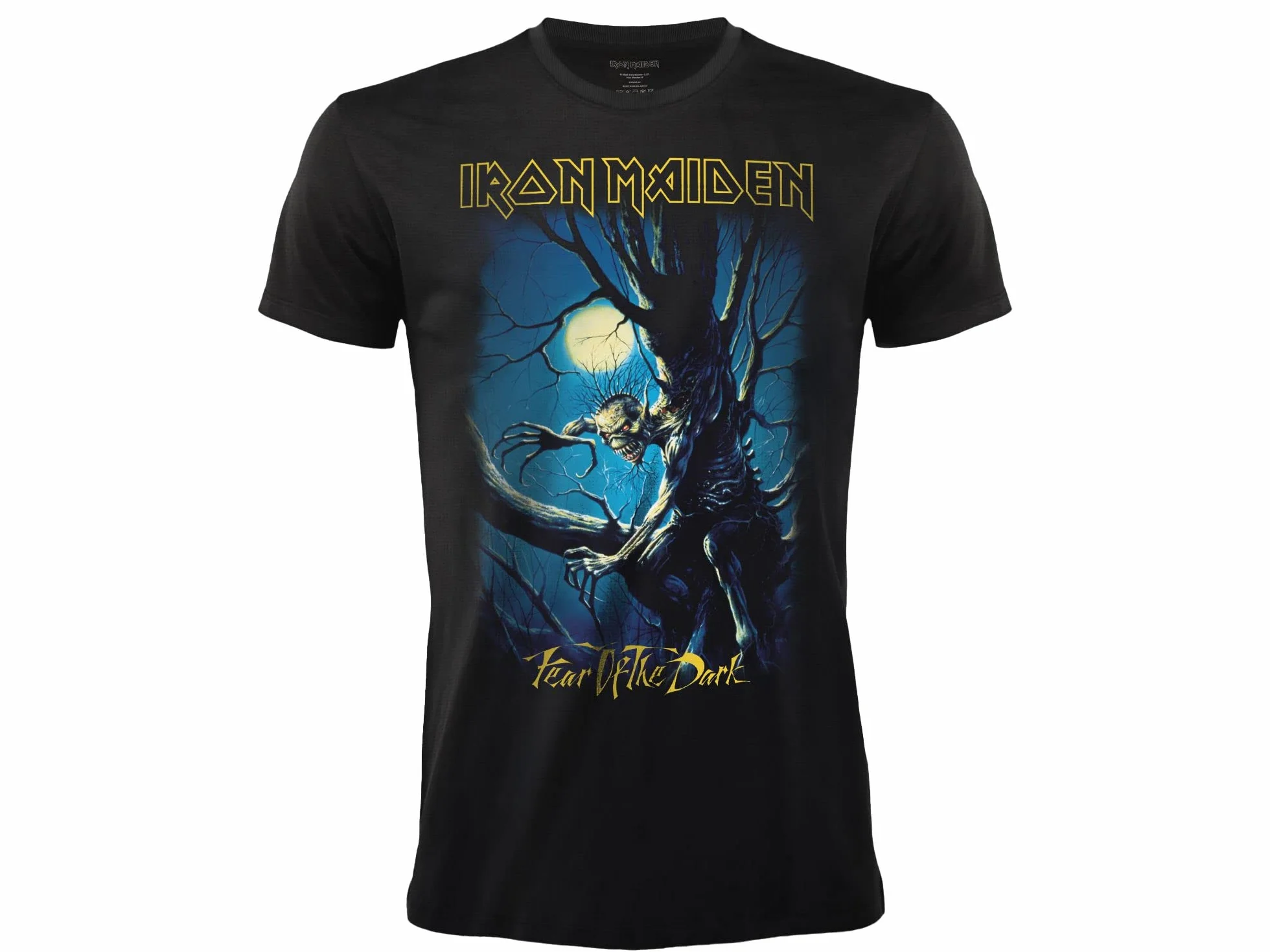 T-Shirt Iron Maiden Fear of The Dark. Maglietta Rock Ufficiale Nera. Band Heavy Metal. Cotone. Unisex. Adulto Ragazzo.