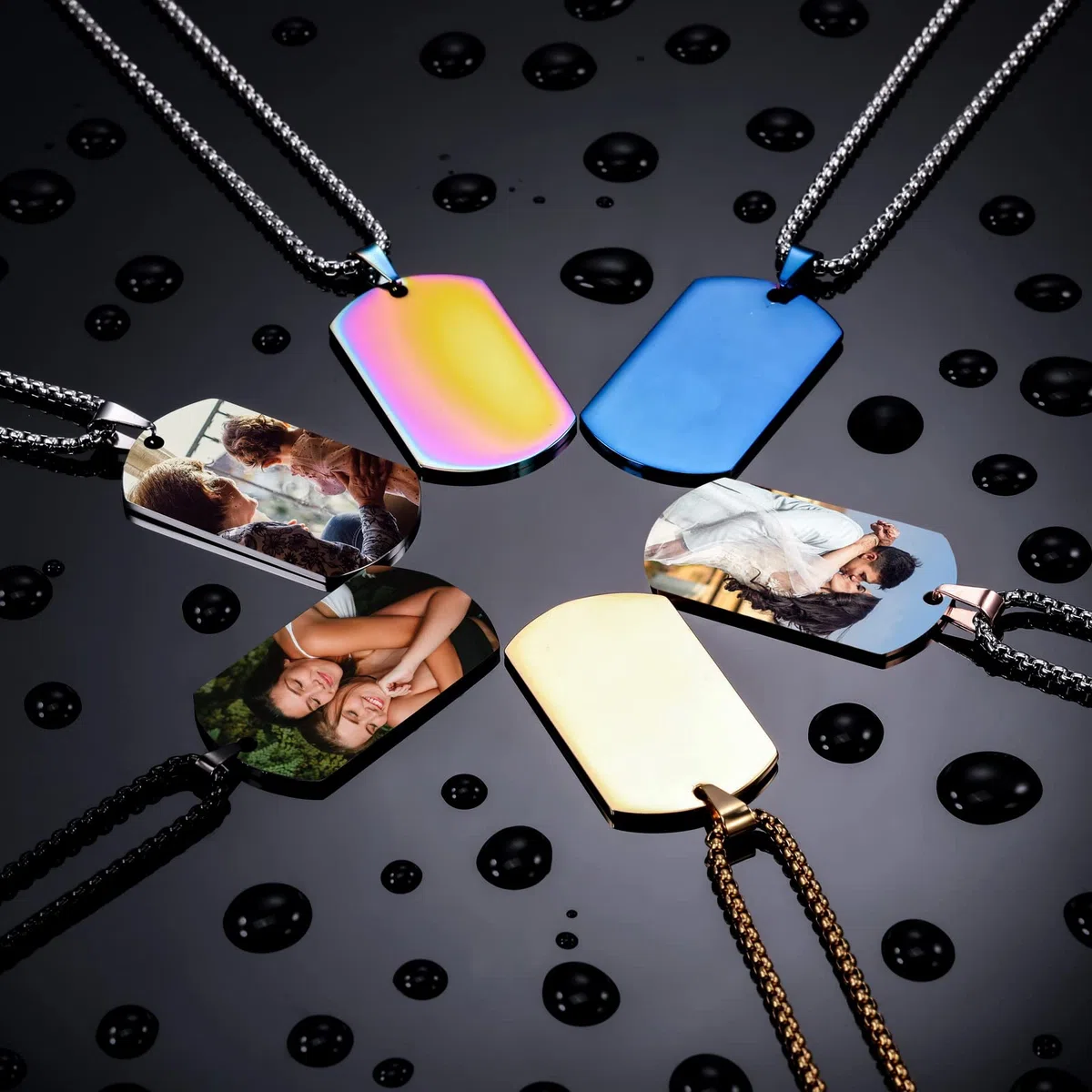 INBLUE Collana con Ciondolo Personalizzato Etichetta per Cani Data/Testo/Foto Collana in Acciaio Inossidabile per Uomo Donna Ragazzi Ragazze Bundle Catena Regolabile, Portachiavi, Silenziatore