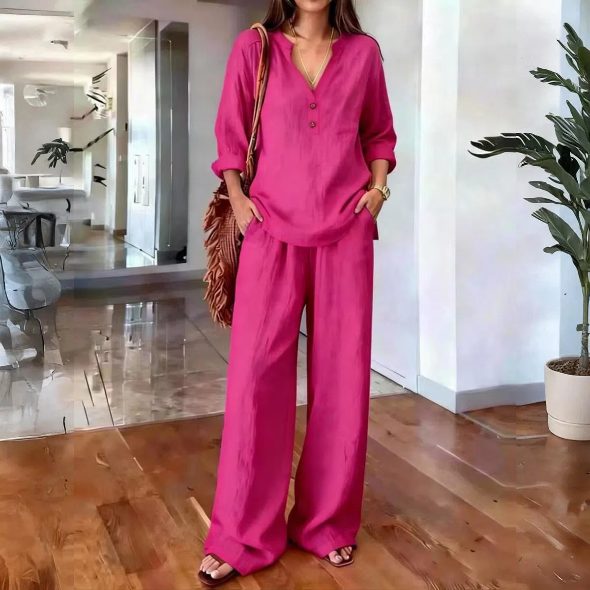 Completo Donna Estivo Lino Leggera Tuta da Donna in Lino Set di Abbigliamento Estivo Casual Due Pezzi Jogging Set Spiaggia Palestra Maniche 3/4 Comodo Jogging Tracksuit Tute Sportive Completo