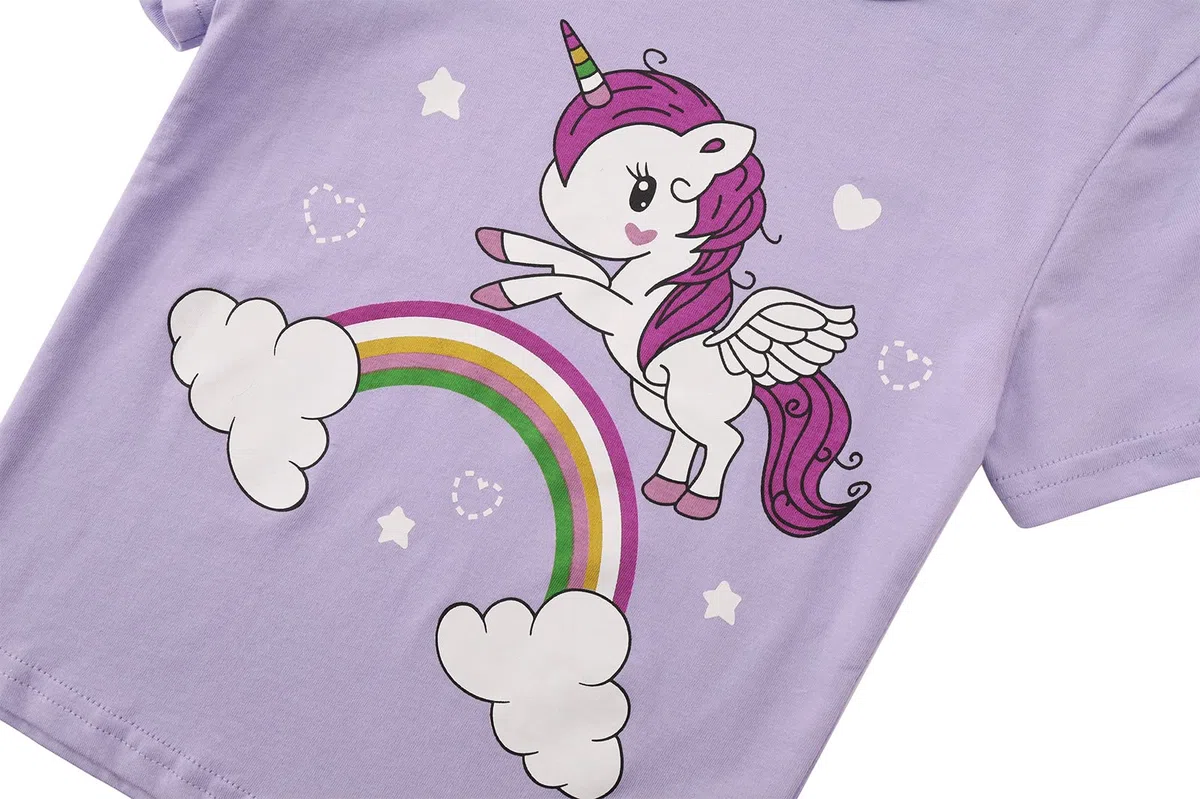 Pigiama estivo per bambine con unicorno, in cotone, a maniche corte, per bambini da 3 a 8 anni, 4 pezzi