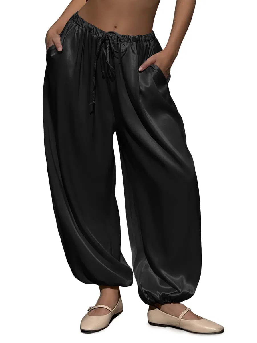 Fisoew Pantaloni da donna in raso harem baggy elastico in vita con coulisse e tasche