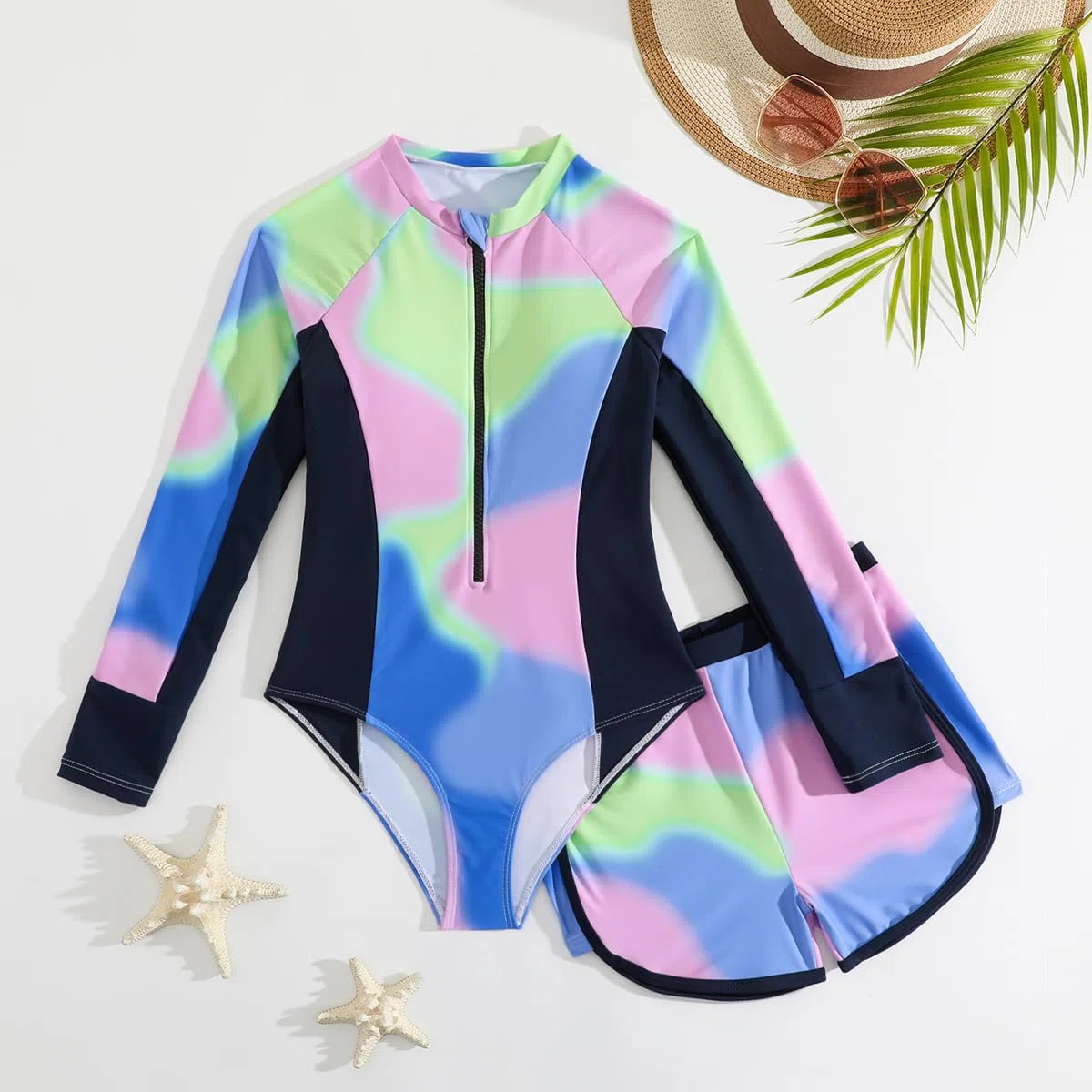 JiAmy Costume da Bagno Ragazza 2 Pezzi - Maglia Manica Lunga Anti-UV con Pantaloncini, Stampa Tie-Dye per Adolescenti 8-13 Anni