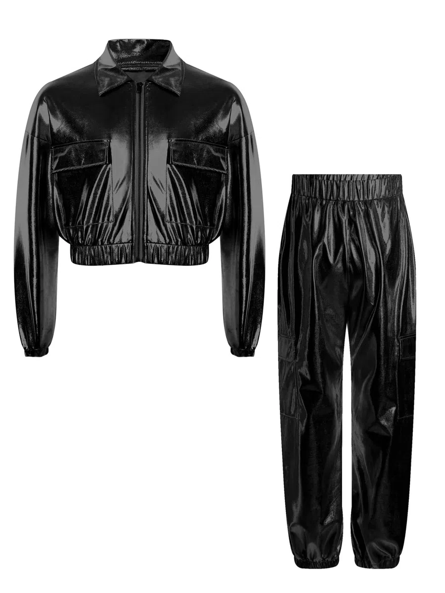 YiZYiF 2 Pezzi Tuta Lucido da Danza Hip Hop per Bambina Giacca a Maniche Lunghe + Pantaloni Lunghi Costume da Ballo