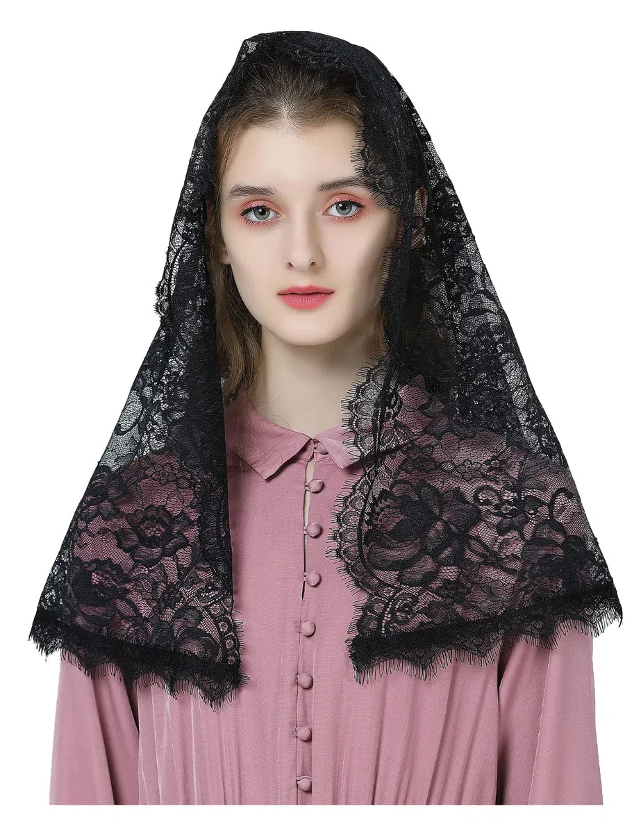 BEAUTELICATE Velo di Pizzo Chiesa Velo da Sposa Mantilla Velo Cattolica Sciarpe Scialle di Pizzo Copricapo Foulard Messa In Latino Nero Bianco V114