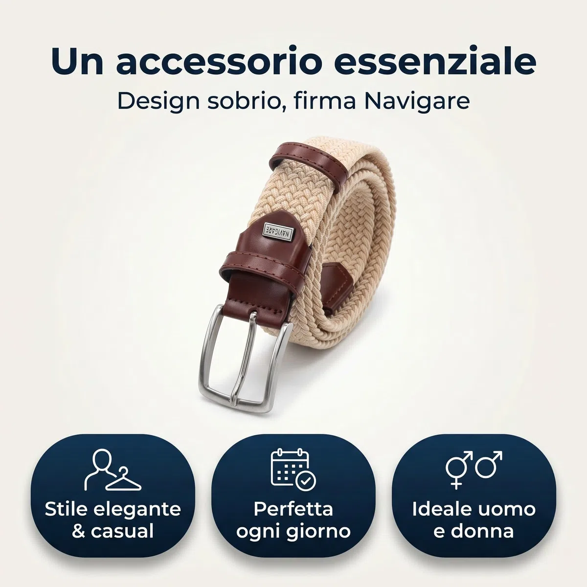 Navigare Cintura Elastica Intrecciata Made in Italy, Uomo e Donna, con Inserti in Vera Pelle