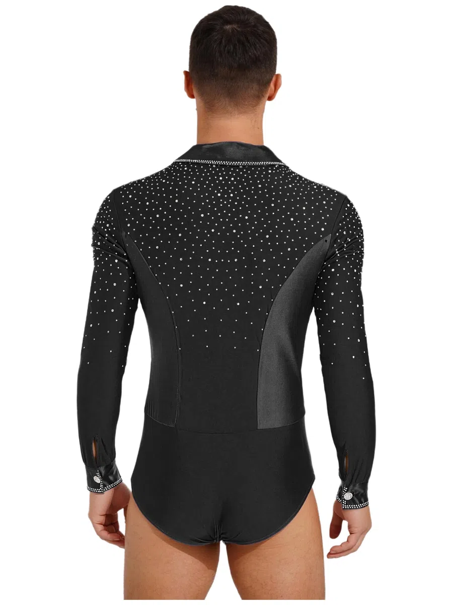 Agoky Body da Ballo Latino Americano per Uomo Maniche Lunghe con Strass Camicia Scollo a V da Danza Classica Leotard da Danza Standard Sala Tango Jazz Pattinaggio