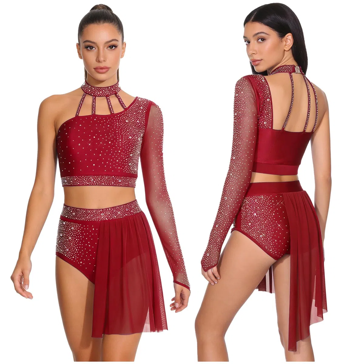 Agoky 2 Pezzi Vestito da Danza Lirica Donna con Strass Crop Top con Gonna Irregolare in Rete Abito da Pattinaggio Artistico Latino Tango Performance