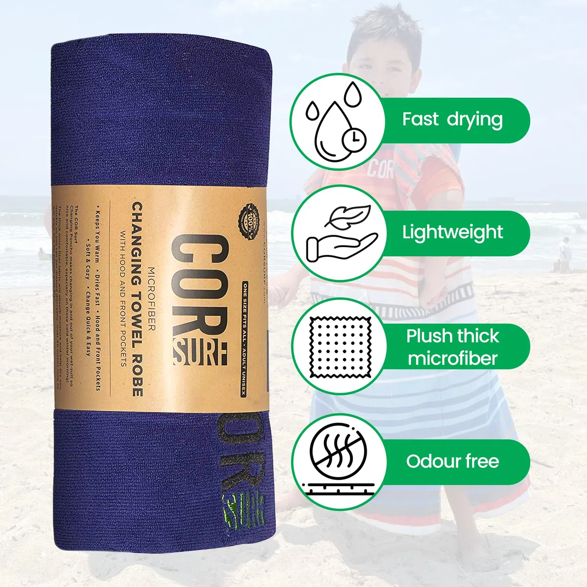 COR Surf Accappatoio a poncho con cappuccio e tasca frontale per bambini, utilizzabile anche come telo mare e coperta, realizzato in microfibra ad asciugatura rapida, adatto per bambini dai 3 agli 8