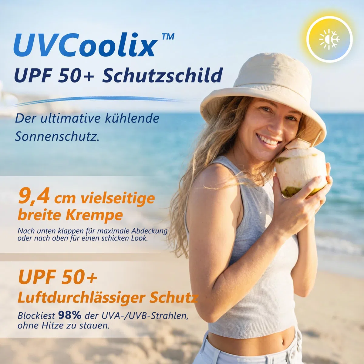 TOP-EX UVCoolix™ - Cappello da sole rinfrescante da donna con coda di cavallo, UPF 50, tesa larga, cappello da pescatore per protezione UV, impermeabile, cappello a secchiello con sottogola