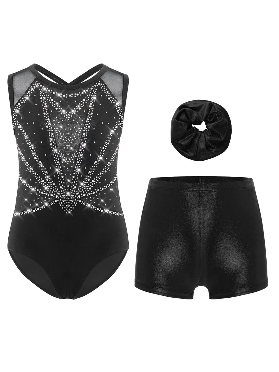 Freebily Body Ginnastica Artistica Bambina Balletto Leotards con Pantaloncini e Fascia per Capelli Body Danza Classica Moderna con Strass Abito da Pattinaggio Artistico