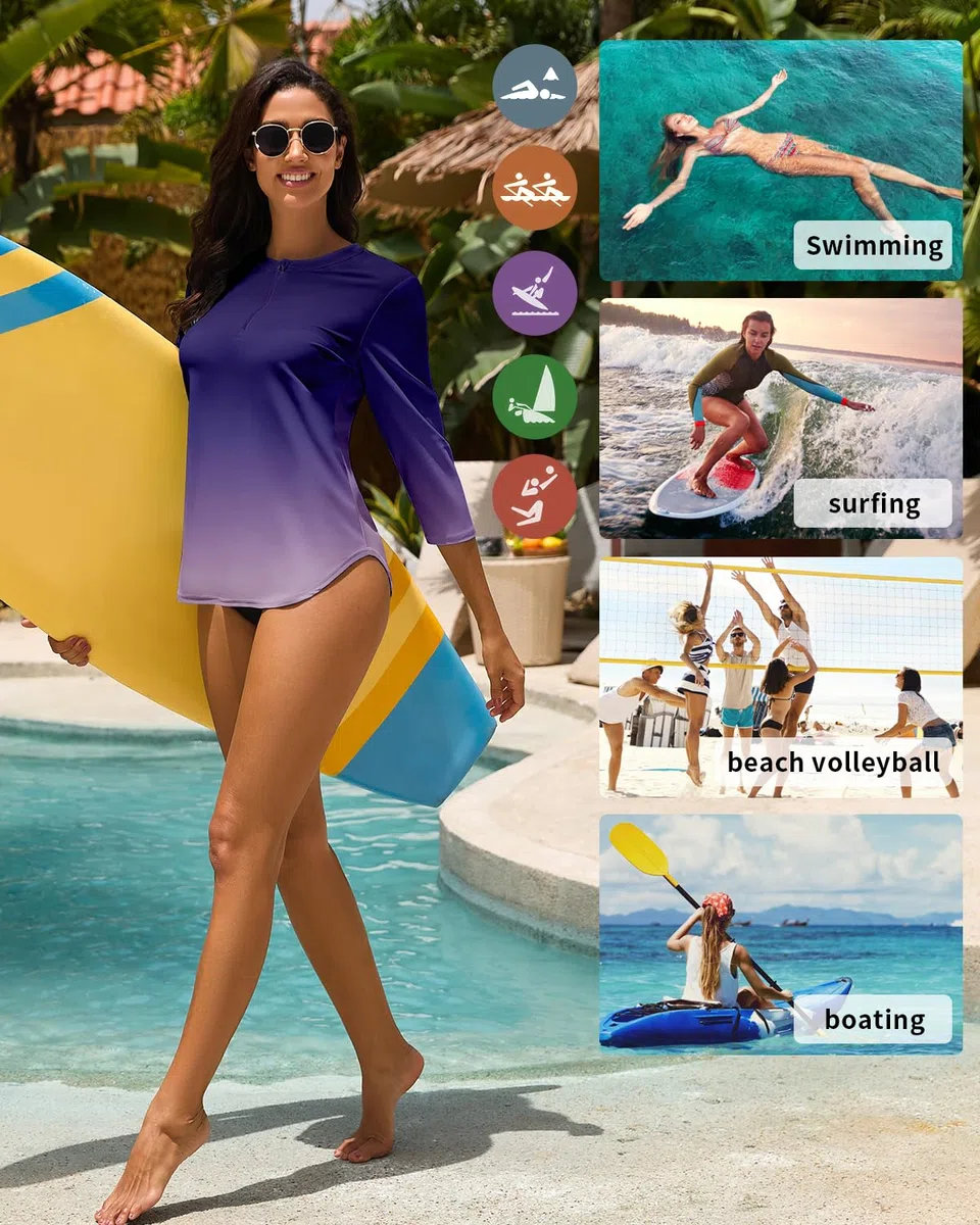 WOWENY Costume da Bagno Anti UV da Donna, con Protezione Rashguard, Maniche A 3/4 Cerniera A 1/4 Asciugatura Rapida, per Acqua, Surf, Spiaggia