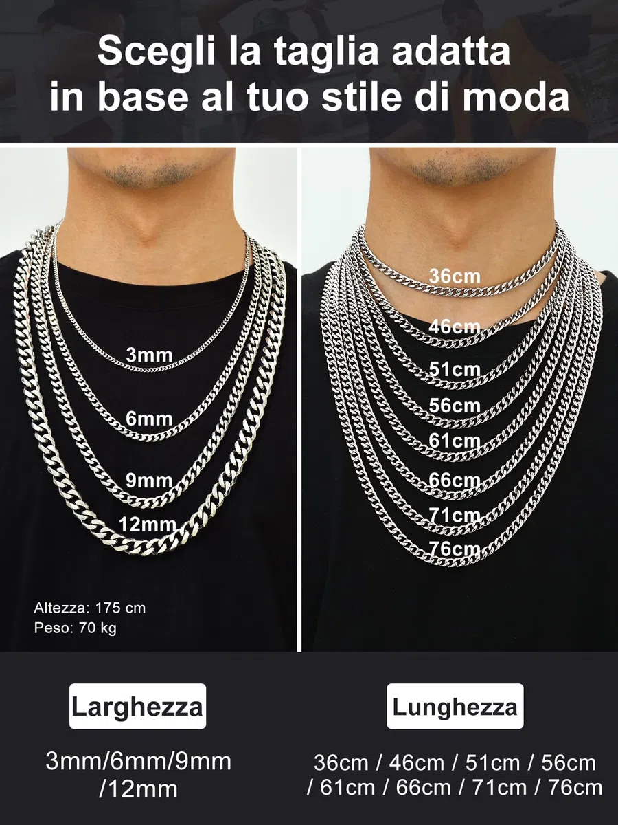 Suplight Collana Uomo Donna in Acciaio Inossidabile a Catena Maiglia Cubana Miami Colore Oro/Argento/Nero Larghezza 3/6/9 mm Lunghezza 36/46/51/56/61/66/71/76 cm Stile Hip Hop Punk