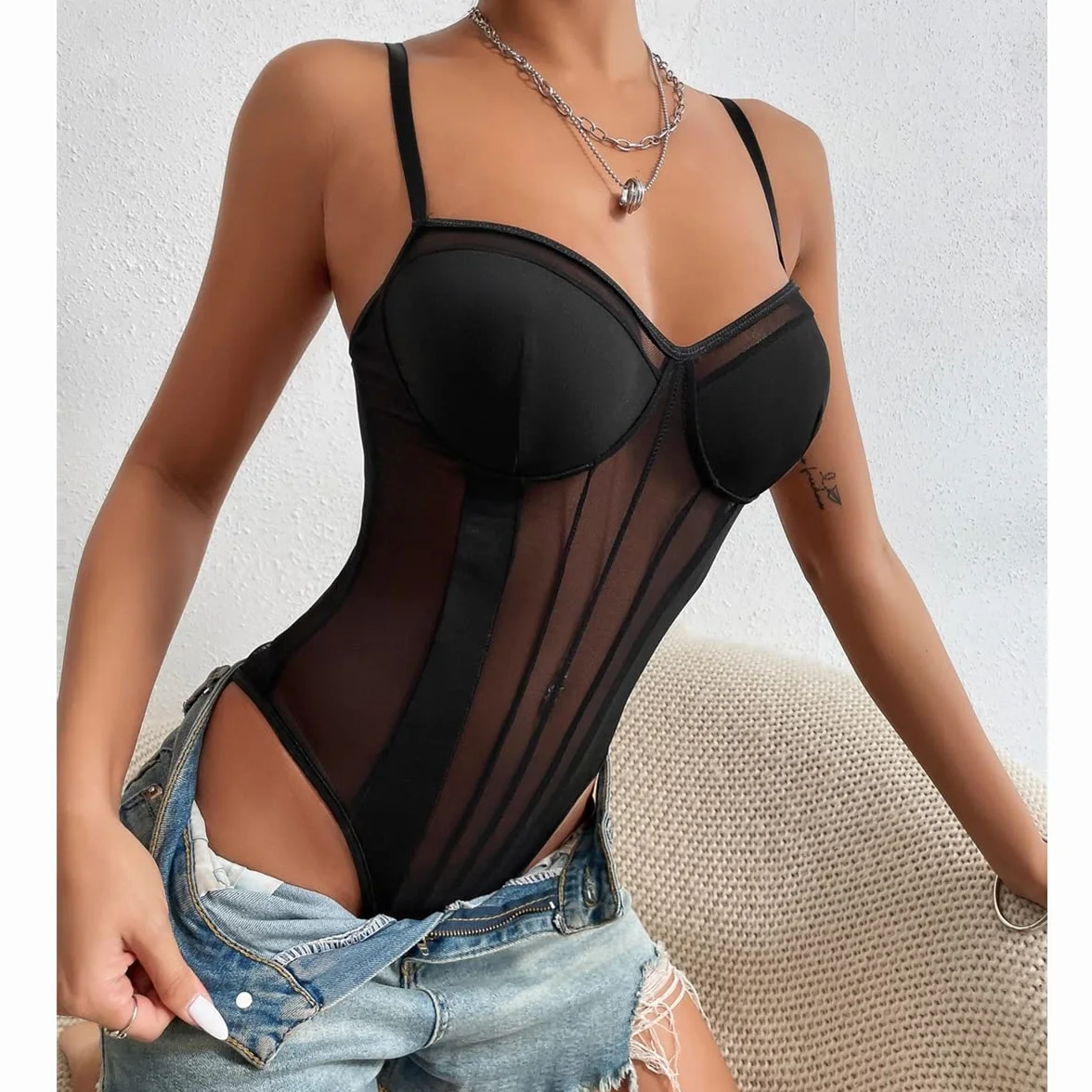 Body da Donna Sexy Spaghetti Cinturino Mesh Bodysuit Patchwork a Rete Trasparente Jumpsuits Senza Maniche Elasticizzato Aderente Going Out Leotard Top