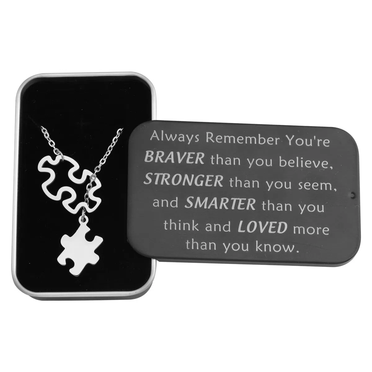BNQL Collana per la consapevolezza dell'autismo, collana con puzzle per autismo, regalo per autismo, con scatola portagioie con scritta "You Are Braver Stronger Smarter Than You Think"