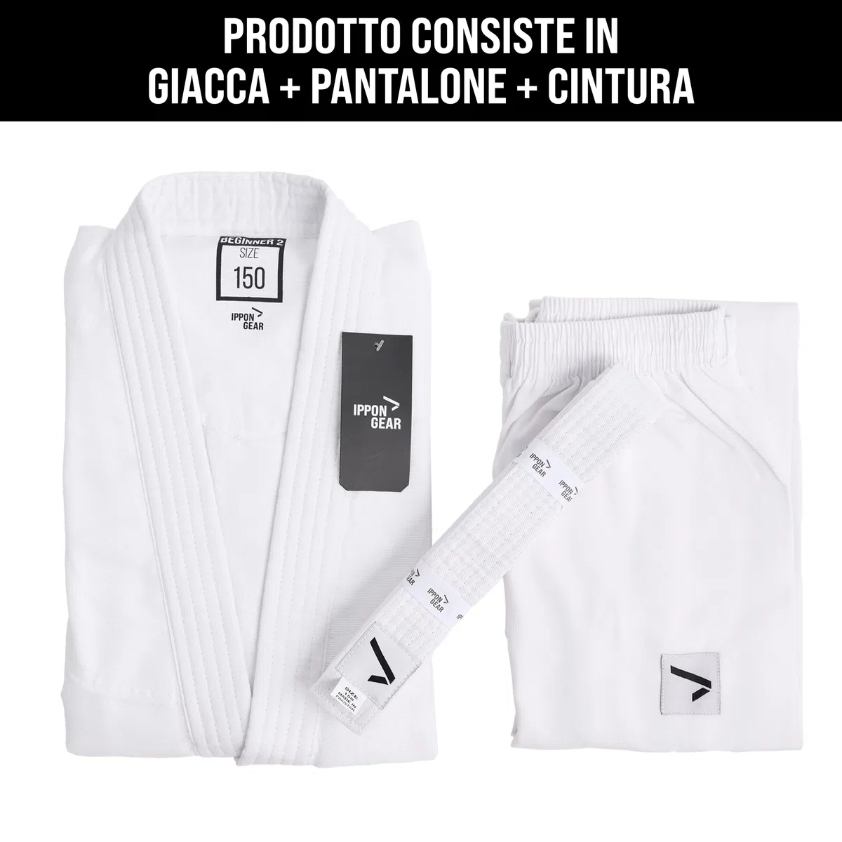IPPONGEAR Tuta Judo Beginner 2 per Bambini con Cintura (Elastico in Vita e Coulisse sui Pantaloni, densità del Tessuto 190gr/m²) Bianco