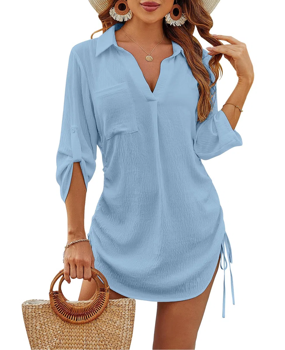 JFAN Copricostume Donna Mare Casual Camicia Lunga Scollo a V Copri Costume da Spiaggia Sciolti Regolabile Bikini Cover Up
