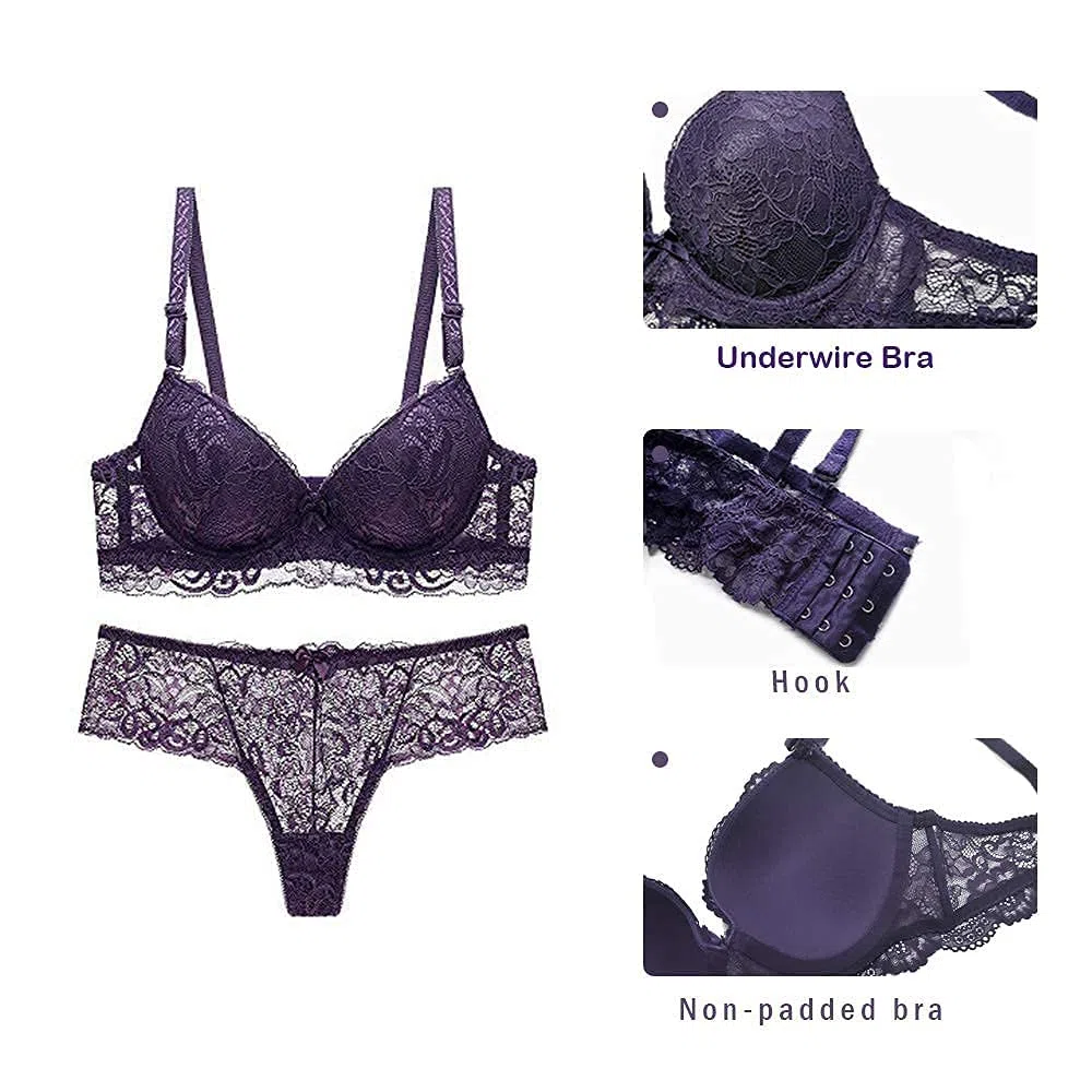 SHEKINI Completi Intimi da Donna Lingerie Reggiseno con Ferretto in Pizzo Spalline Removibili Elegance Push Up Reggiseno e Perizoma Set da 2 Pezzi