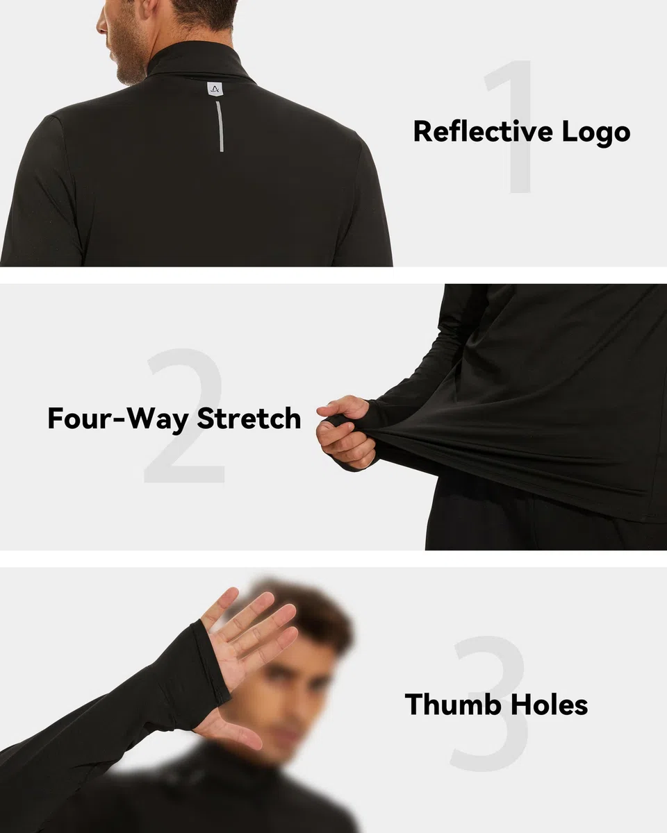 AMZSPORT Maglia Uomo Manica Lunga Felpa 1/4 Zip T-Shirt Sportiva per Running Palestra Allenamento
