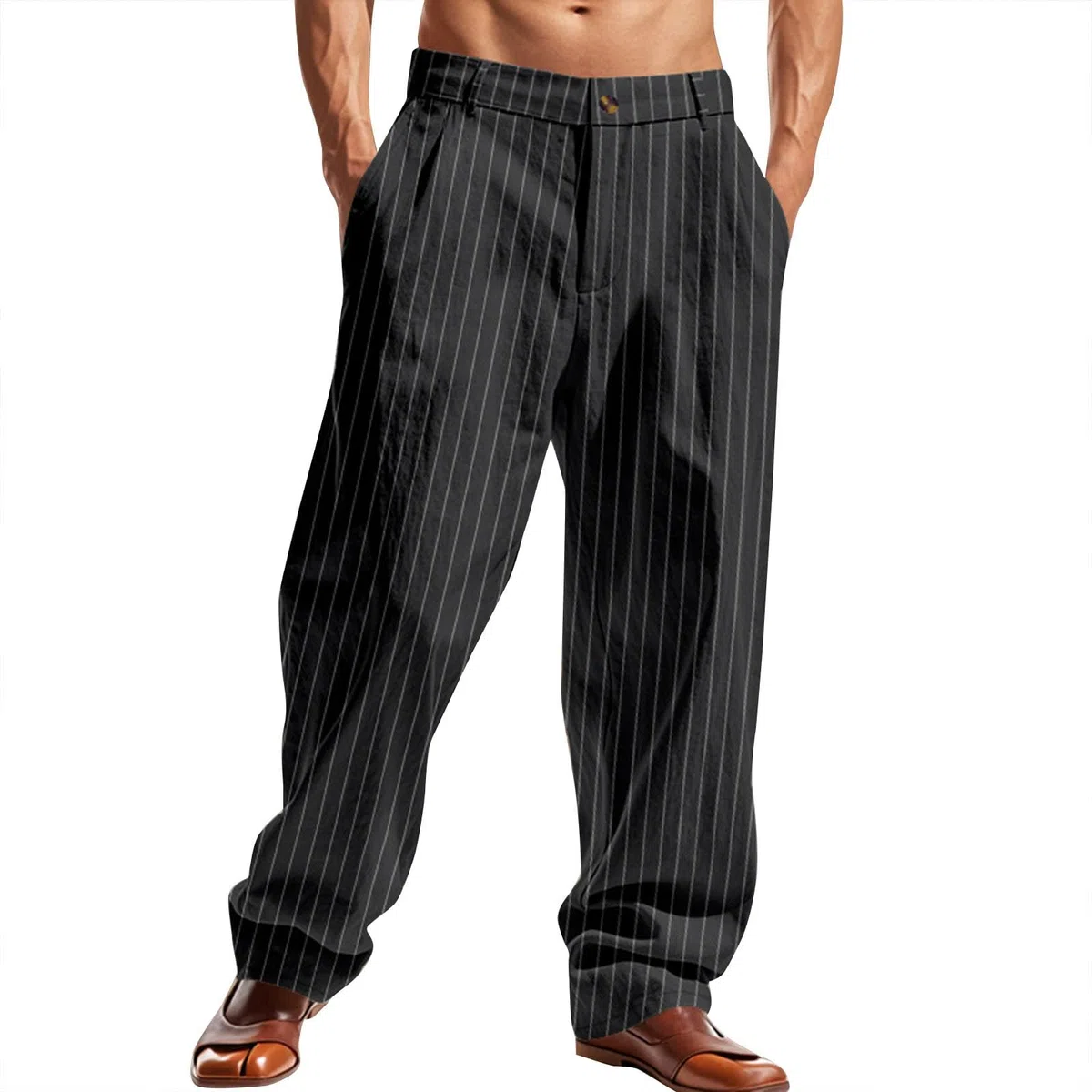Pantaloni da uomo Baggy a righe, casual, dritti, eleganti, ad asciugatura rapida, con bottoni, da uomo, per smoking, gamba dritta